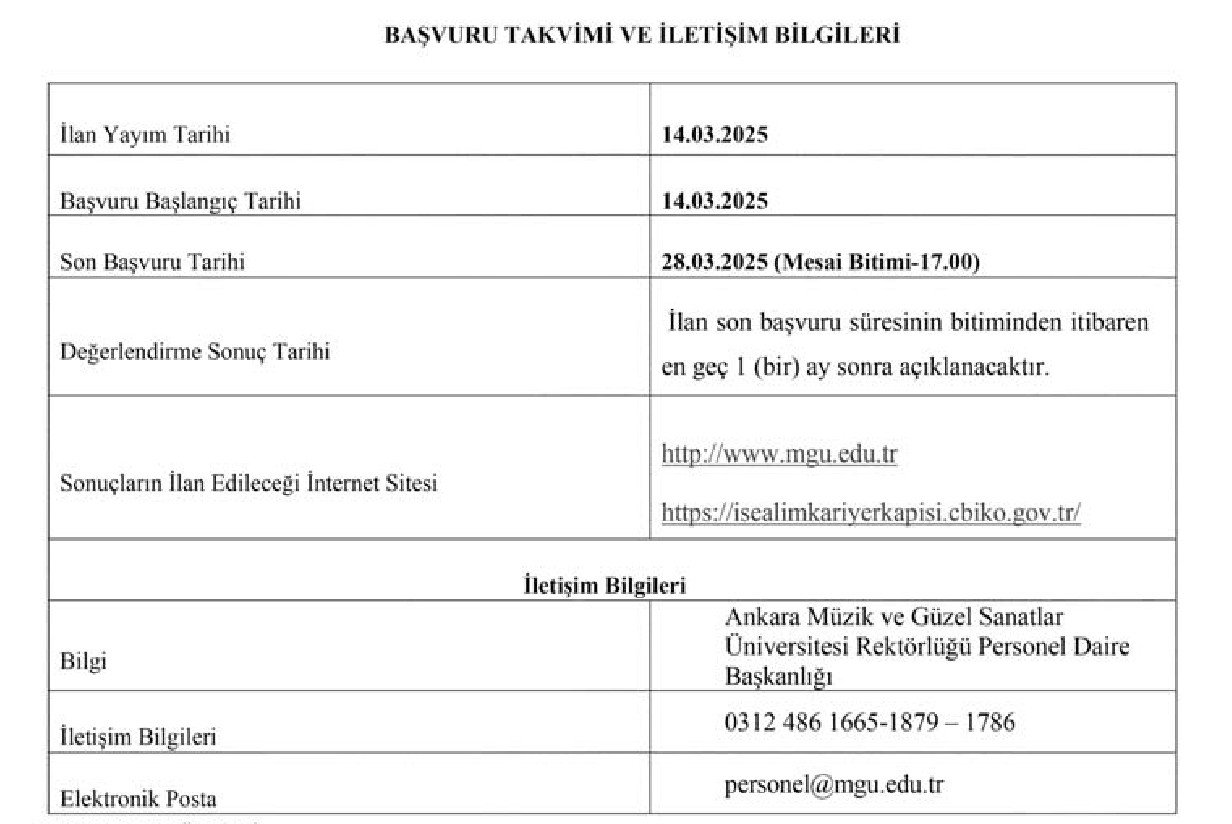 Ankara Müzik ve Güzel Sanatlar Üniversitesi Sözleşmeli Personel Alım İlanı